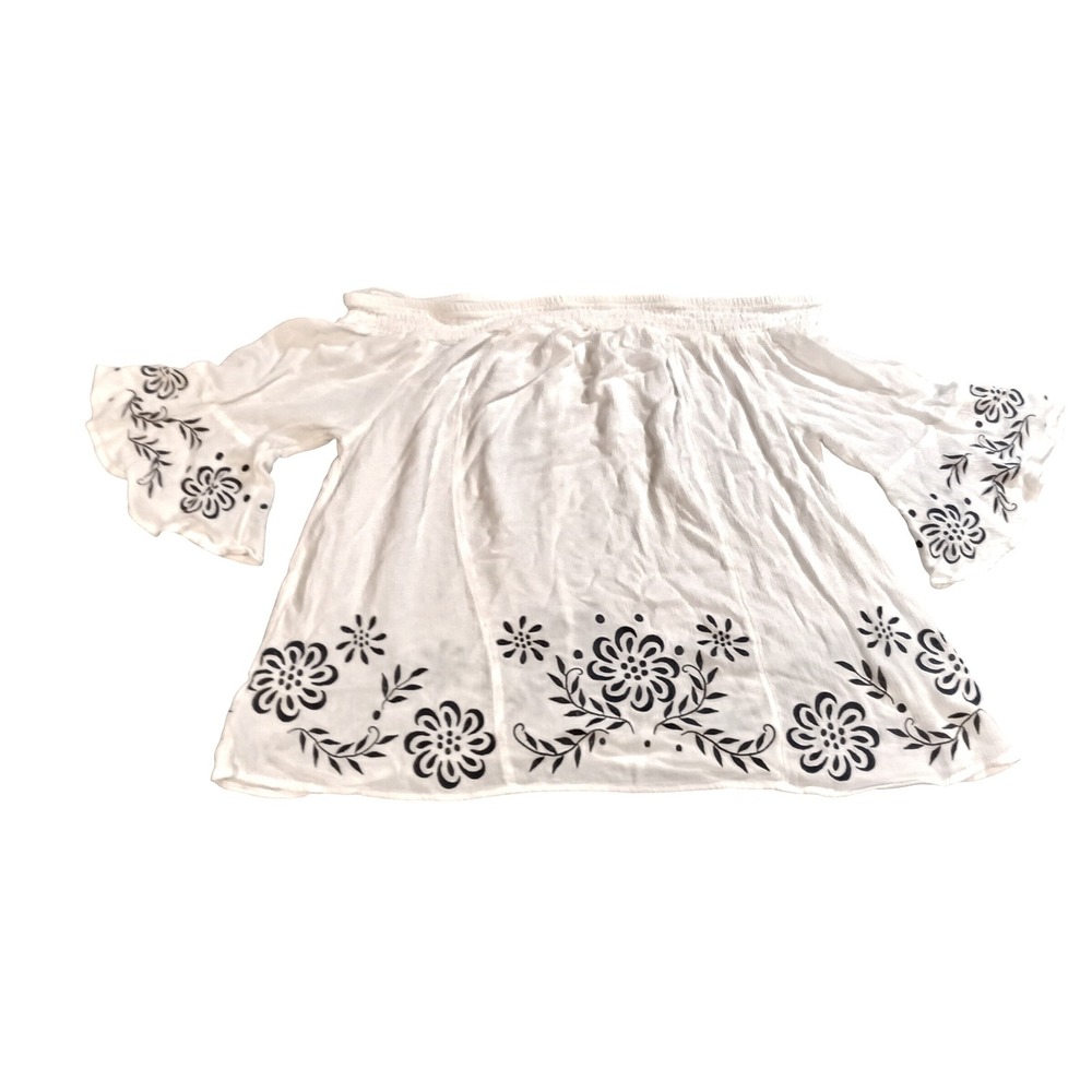 Torrid Womens White Floral Embroidered Off Shoulder Bell Sleeve Gauze Blouse 1